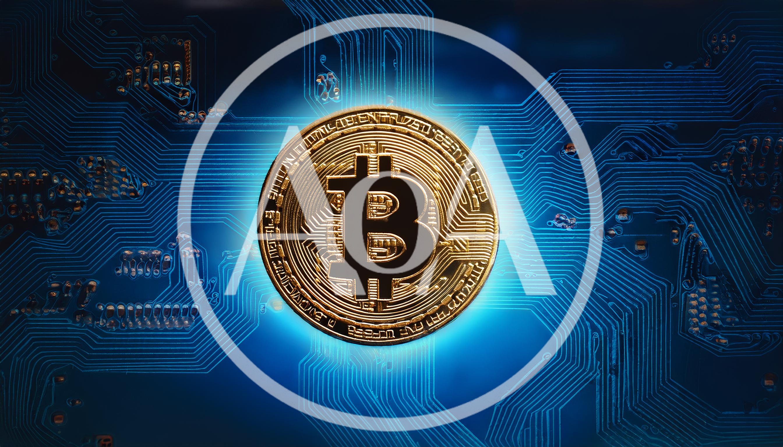 Golden Bitcoin Coin On Blue Circuit Board Background