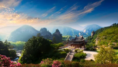 Traditional Chinese Temple In Mountain Landscape