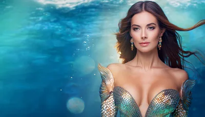 Beautiful Mermaid Woman With Golden Scales Underwater