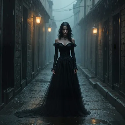 Gothic Woman Standing in Rainy Dark Alleyway