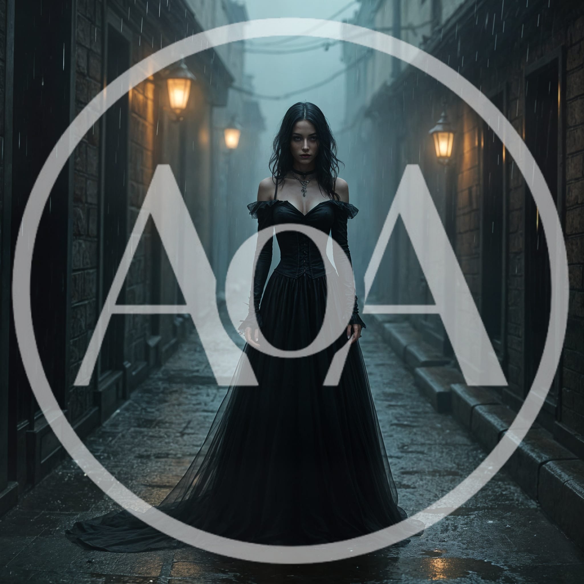 Gothic Woman Standing in Rainy Dark Alleyway