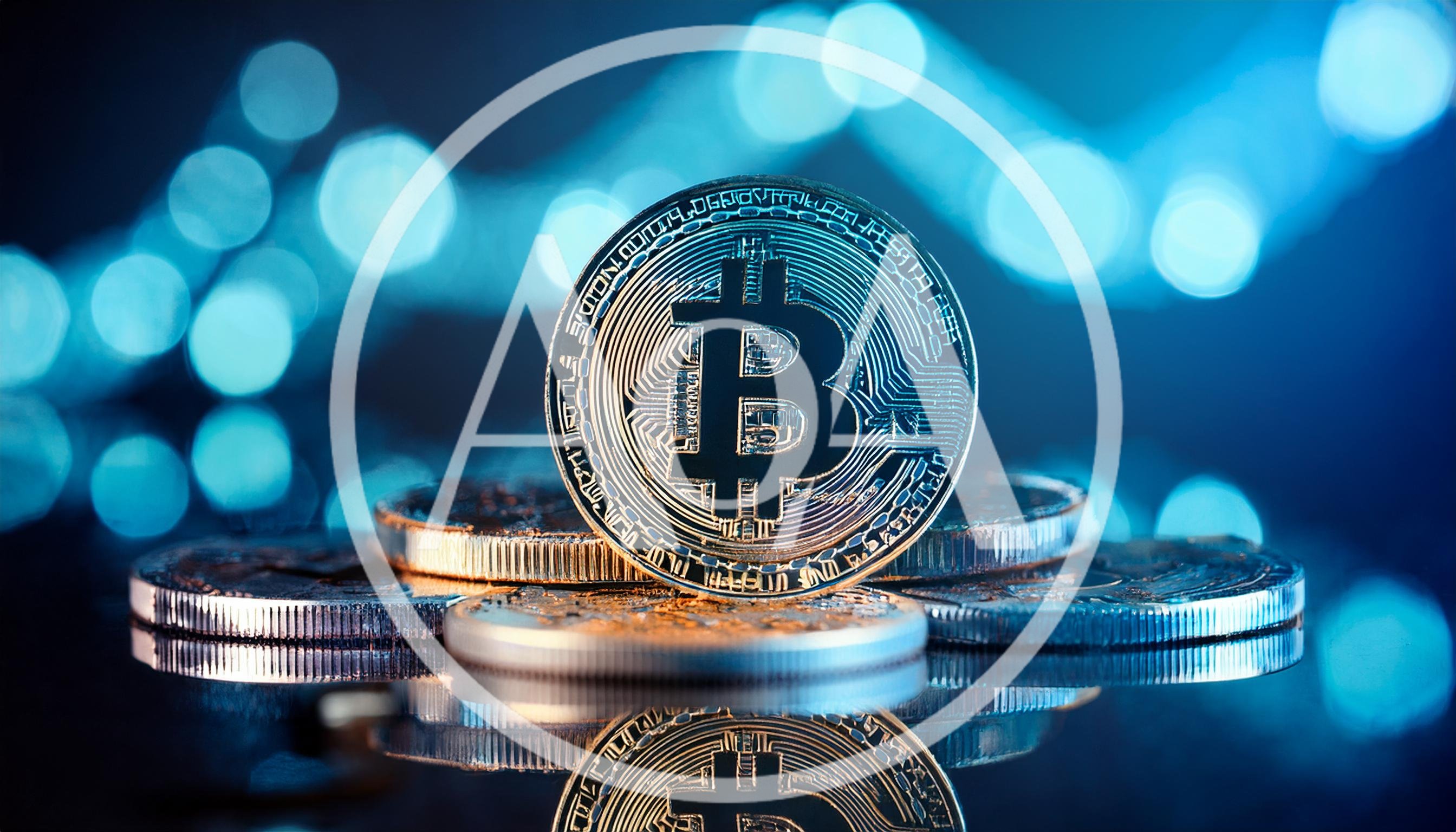 Bitcoin Cryptocurrency Coin On Reflective Surface