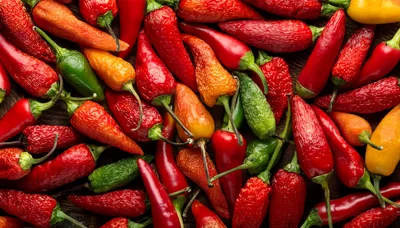 Assorted Fresh Chili Peppers on Wooden Background