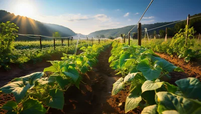 Cucumber Plants Growing In A Sunny Agricultural Field