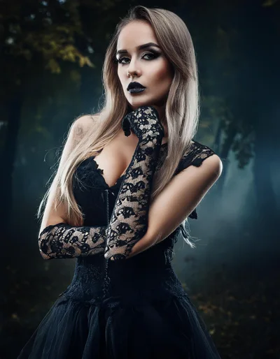 Gothic Woman In Lace Gloves Posing In Dark Forest