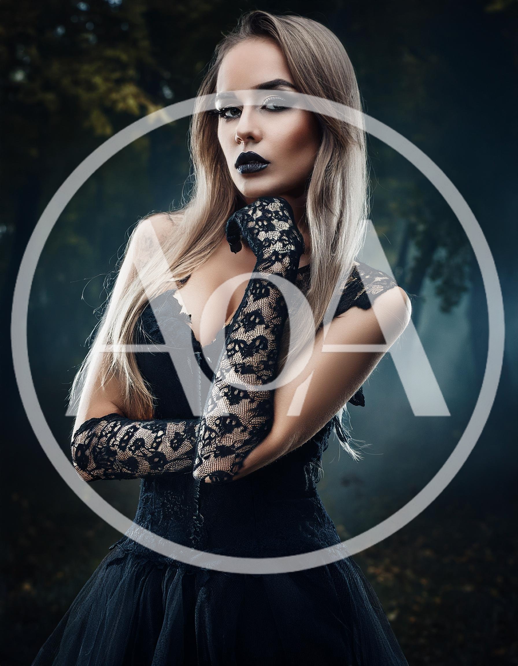 Gothic Woman In Lace Gloves Posing In Dark Forest