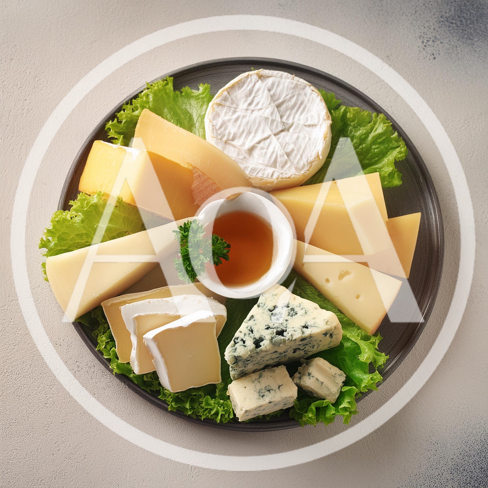 Assorted Cheese Platter With Honey And Lettuce
