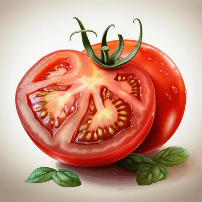 Fresh Sliced Tomato With Green Basil Leaves