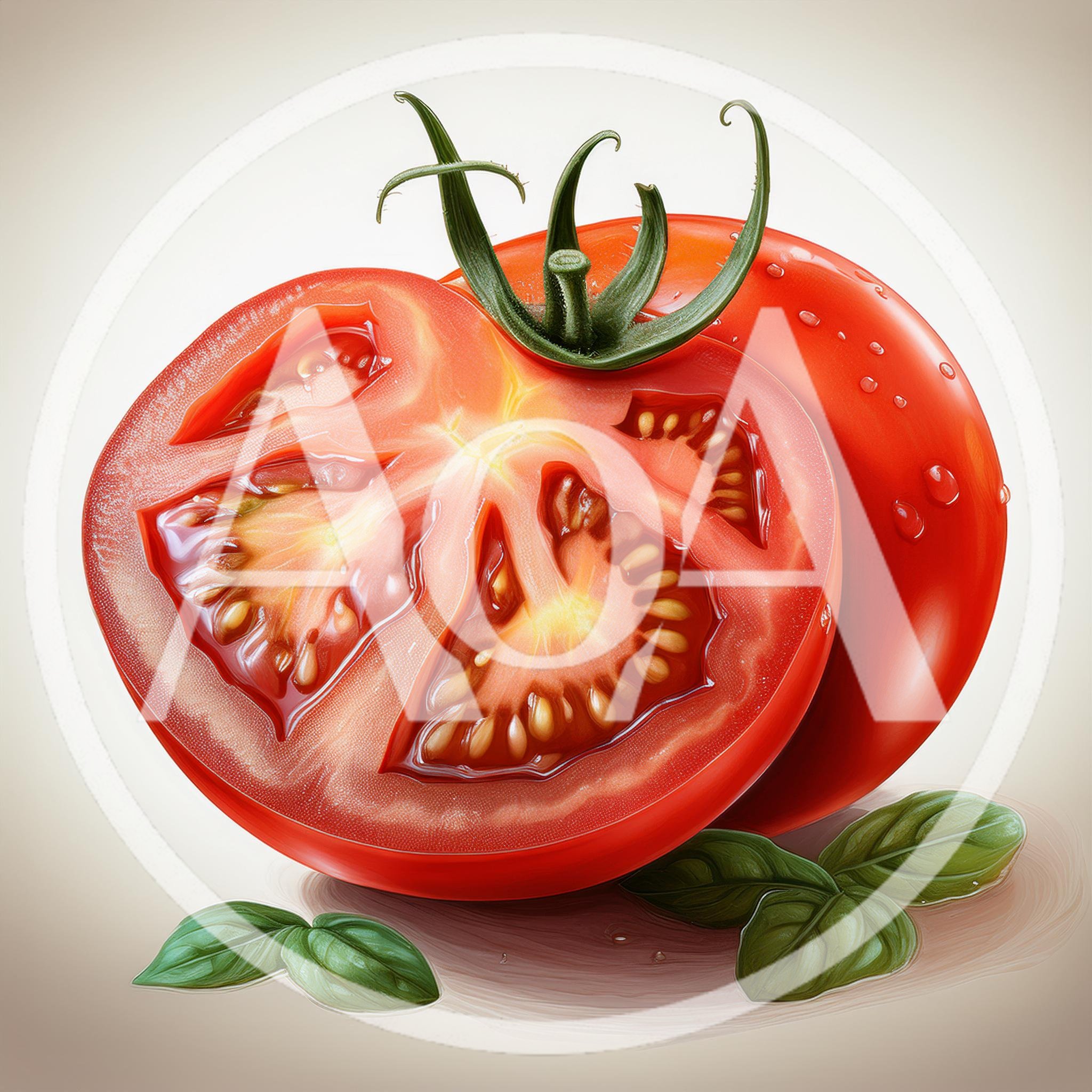 Fresh Sliced Tomato With Green Basil Leaves