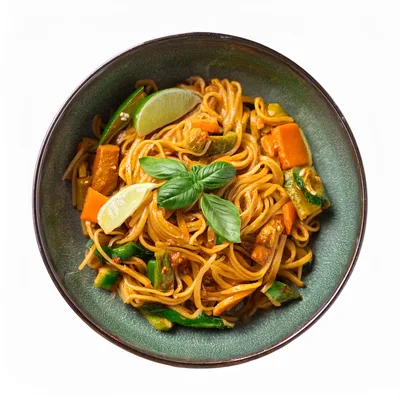 Top Down View Of Pad Thai Noodles In Bowl