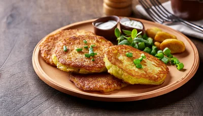 Potato Pancakes Served With Sour Cream And Green Onions