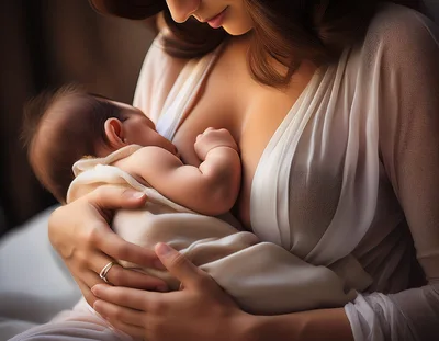 Mother Breastfeeding Her Newborn Baby In Soft Light