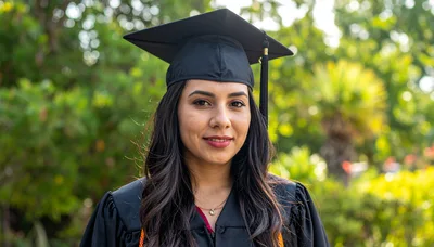 Young Woman Wearing Graduation Cap and Gown Outdoors