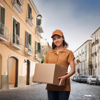 Delivery Person Holding Cardboard Box On European Street