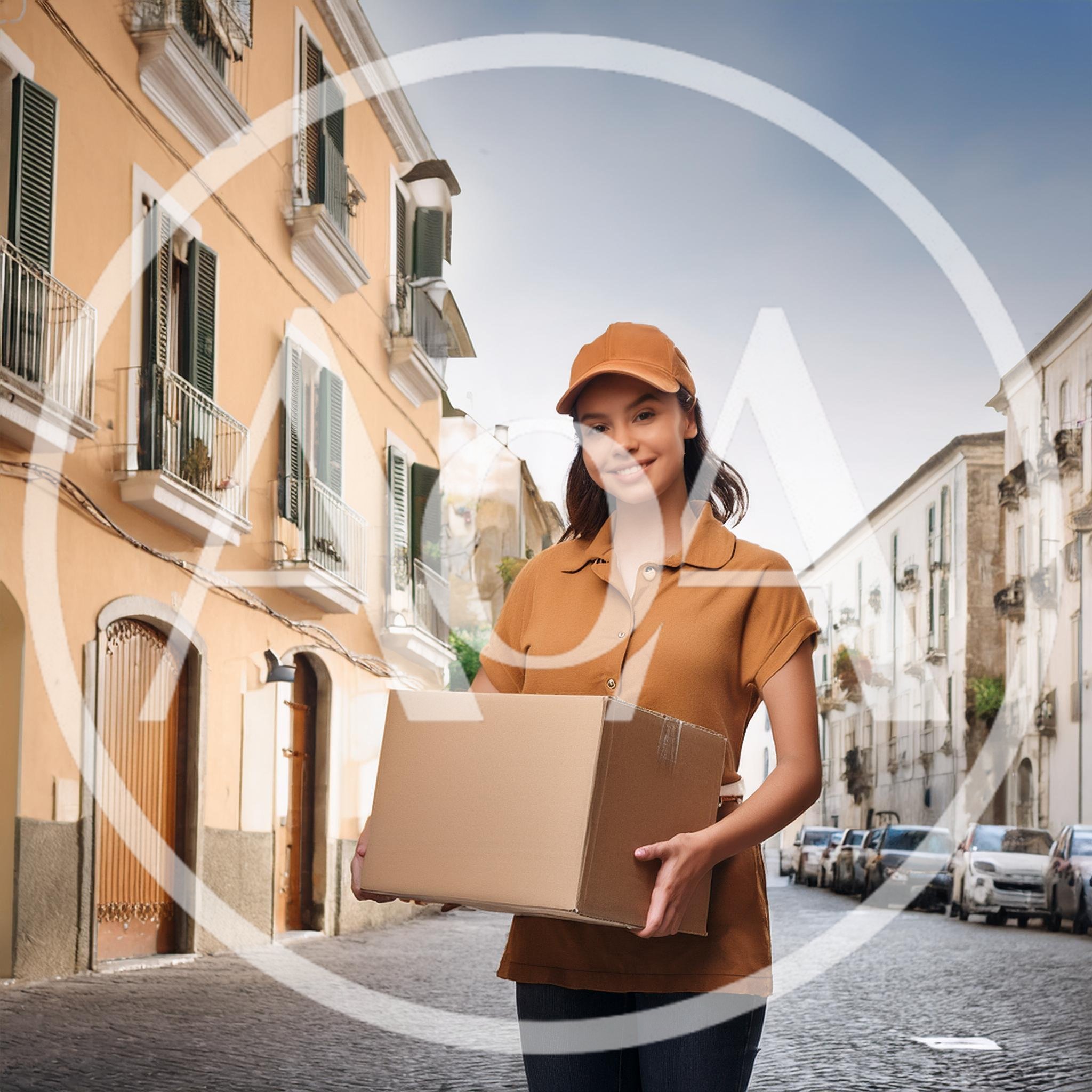 Delivery Person Holding Cardboard Box On European Street