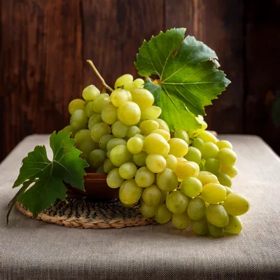 Fresh Green Grapes In A Wooden Bowl