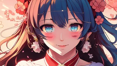 Anime Style Portrait Of A Young Woman With Flowers