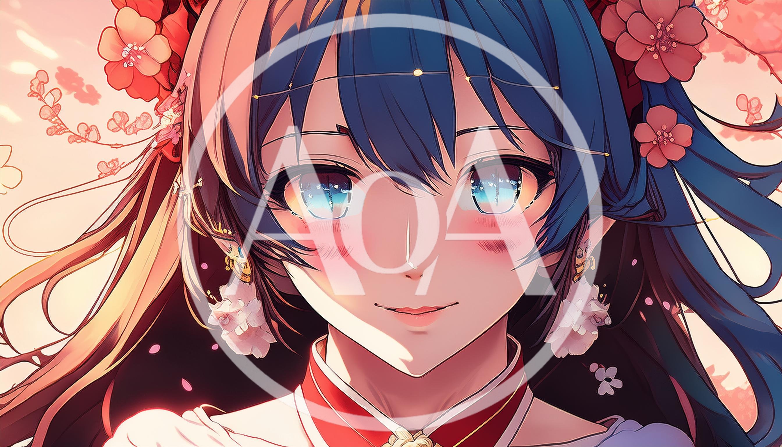 Anime Style Portrait Of A Young Woman With Flowers