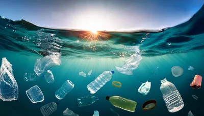 Plastic Waste Floating In Polluted Ocean Water