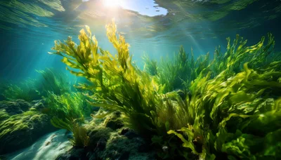 Vibrant Green Seaweed Swaying Underwater In Sunlight