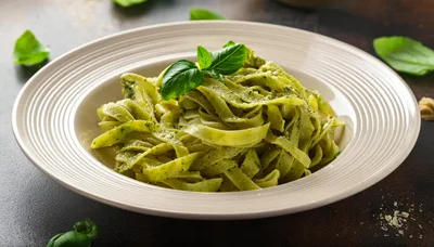 Plate Of Fresh Fettuccine Pasta With Pesto Sauce