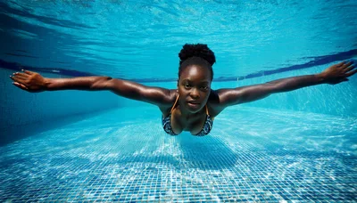 Young Black Woman Swimming Underwater in a Pool