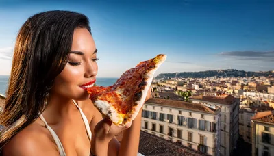 Young Woman Eating Pizza Slice Overlooking Naples Cityscape