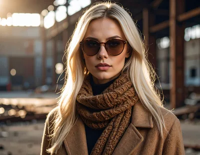 Blonde Woman Wearing Sunglasses And Scarf In Industrial Warehouse