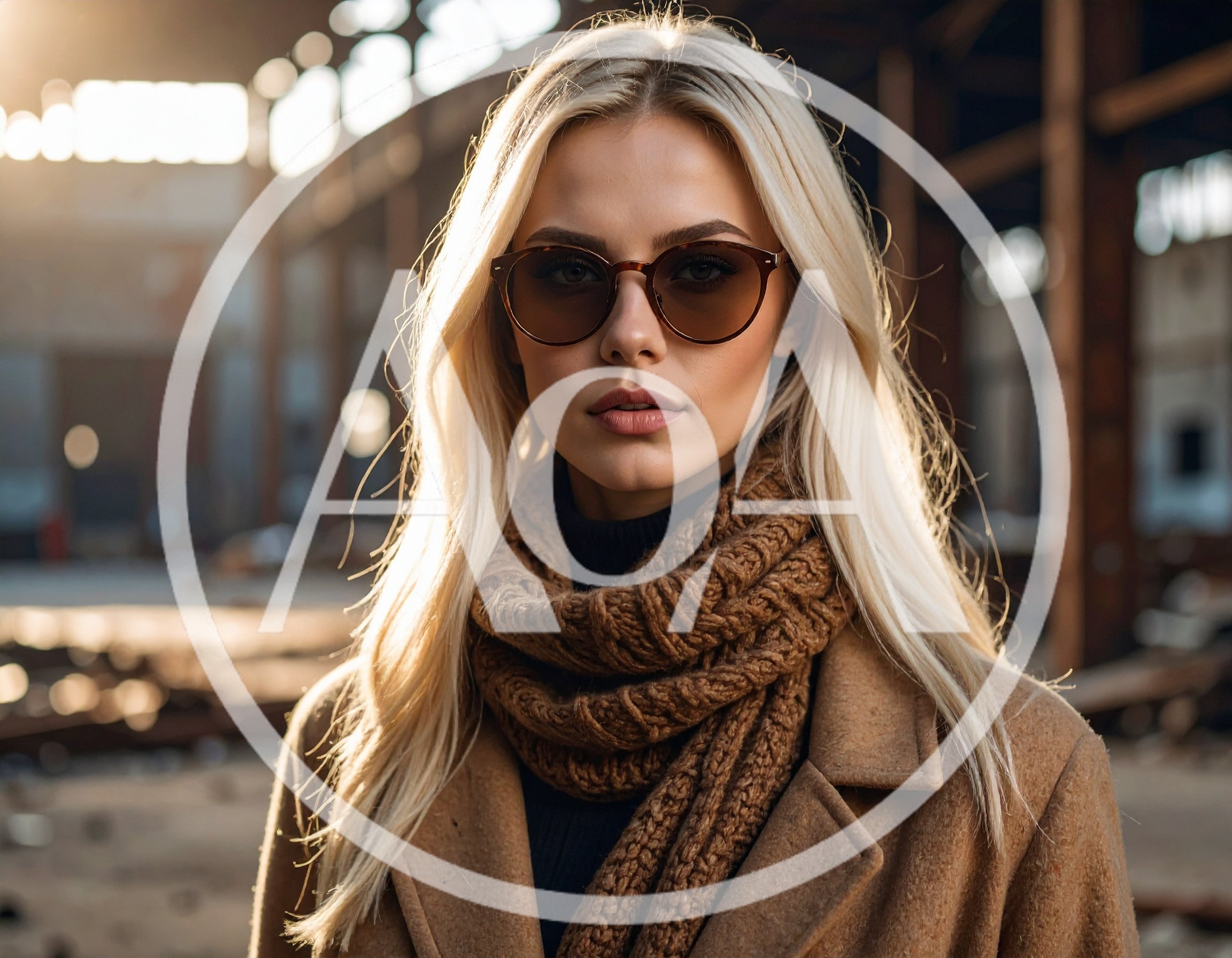 Blonde Woman Wearing Sunglasses And Scarf In Industrial Warehouse