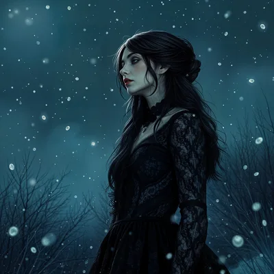 Gothic Woman Standing In A Snowy Dark Forest