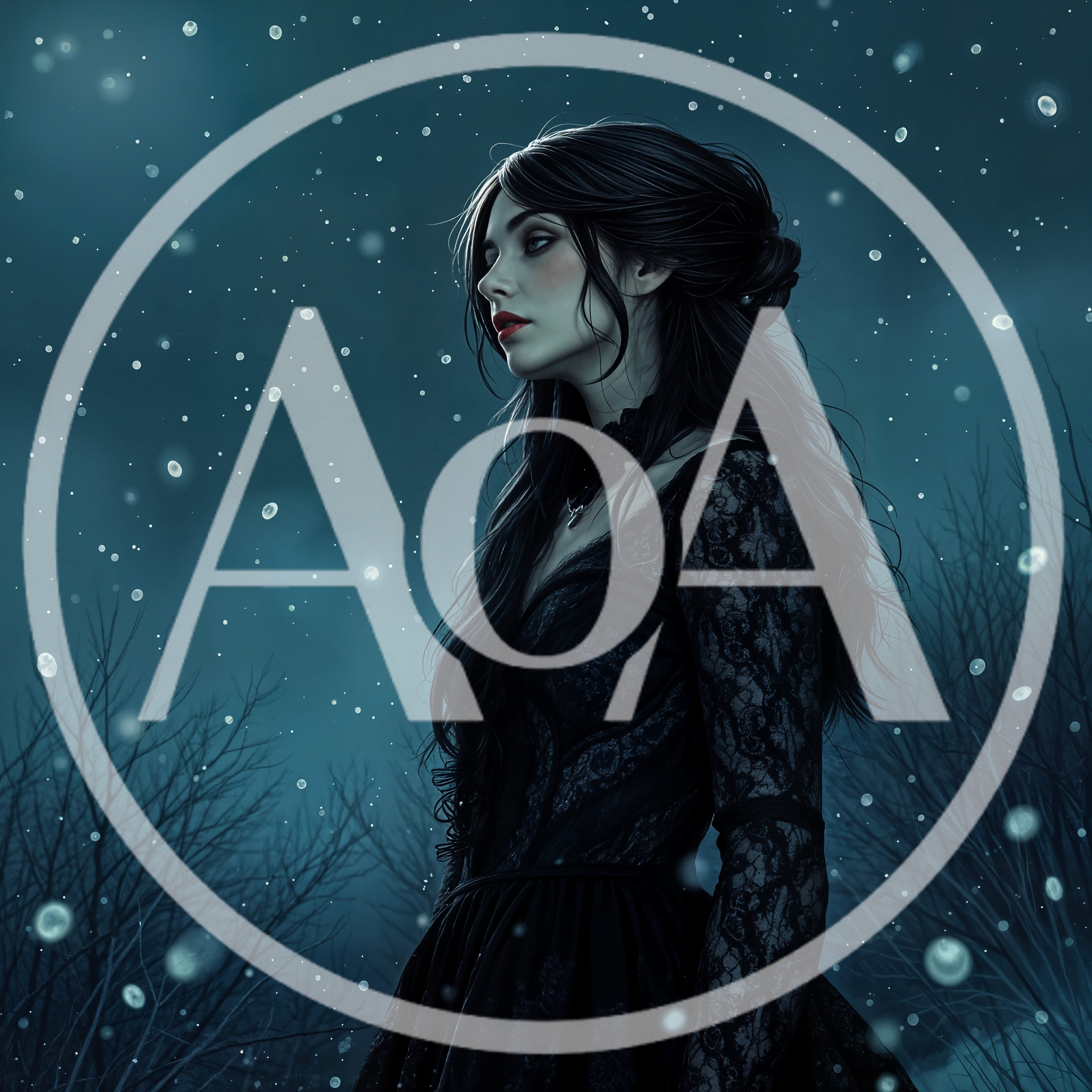 Gothic Woman Standing In A Snowy Dark Forest