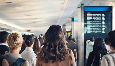 Commuters Waiting In Line At An Airport Terminal