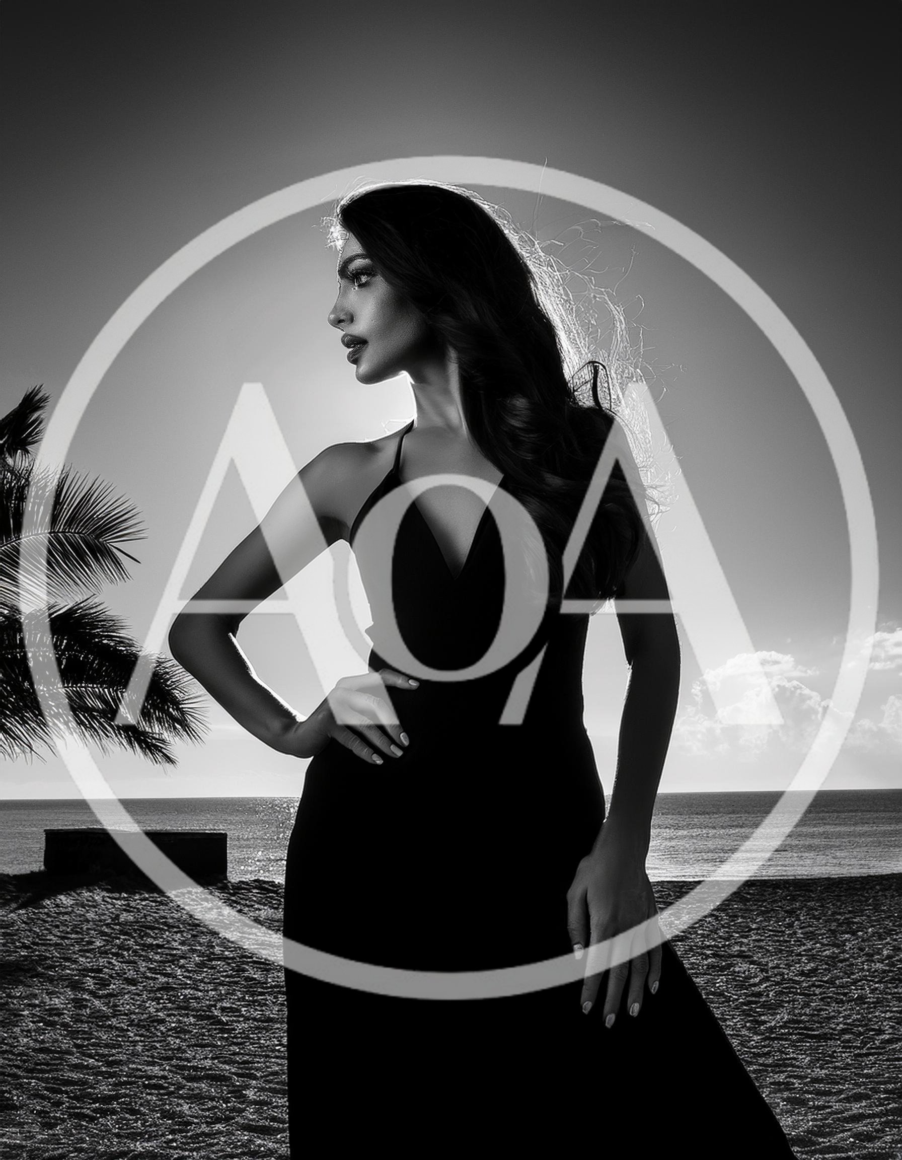 Elegant Woman Posing In Black Dress On Beach