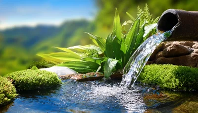 Water Flowing From A Pipe Into A Garden Pond