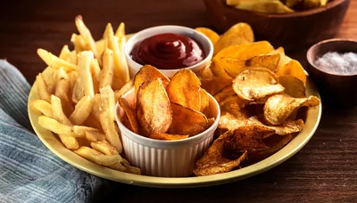 Assorted Potato Snacks With Ketchup On A Plate