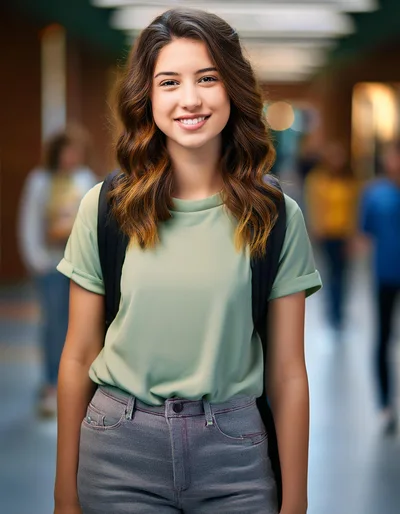 Smiling Female Student Standing In School Hallway