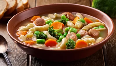 Bowl Of Hearty Vegetable And Sausage Pasta Soup