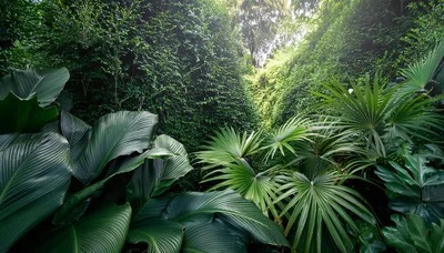 Lush Tropical Rainforest Foliage With Large Green Leaves