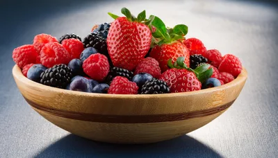 Fresh Mixed Berries In A Wooden Bowl