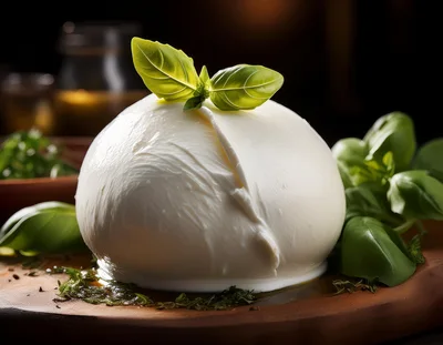 Fresh Burrata Cheese Ball With Basil Leaves