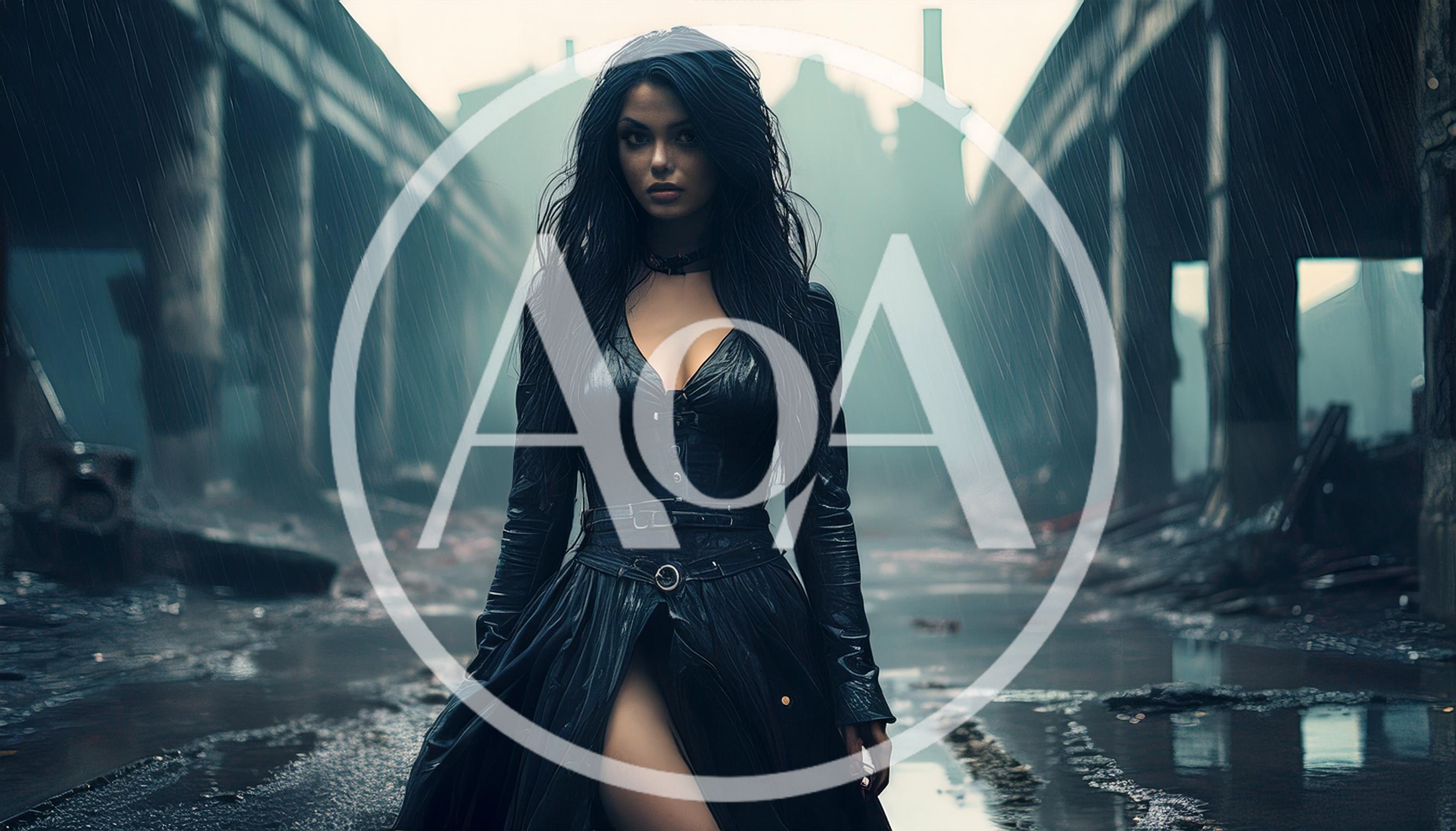 Gothic Woman Standing In Rain In Abandoned Industrial Setting