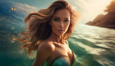 Beautiful Mermaid With Flowing Hair In Ocean Waters