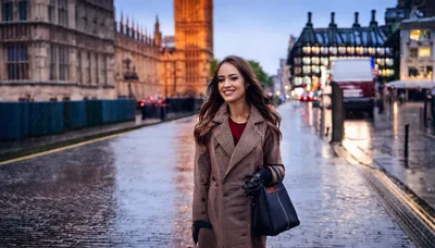 Young Woman Walking Through London Streets At Twilight
