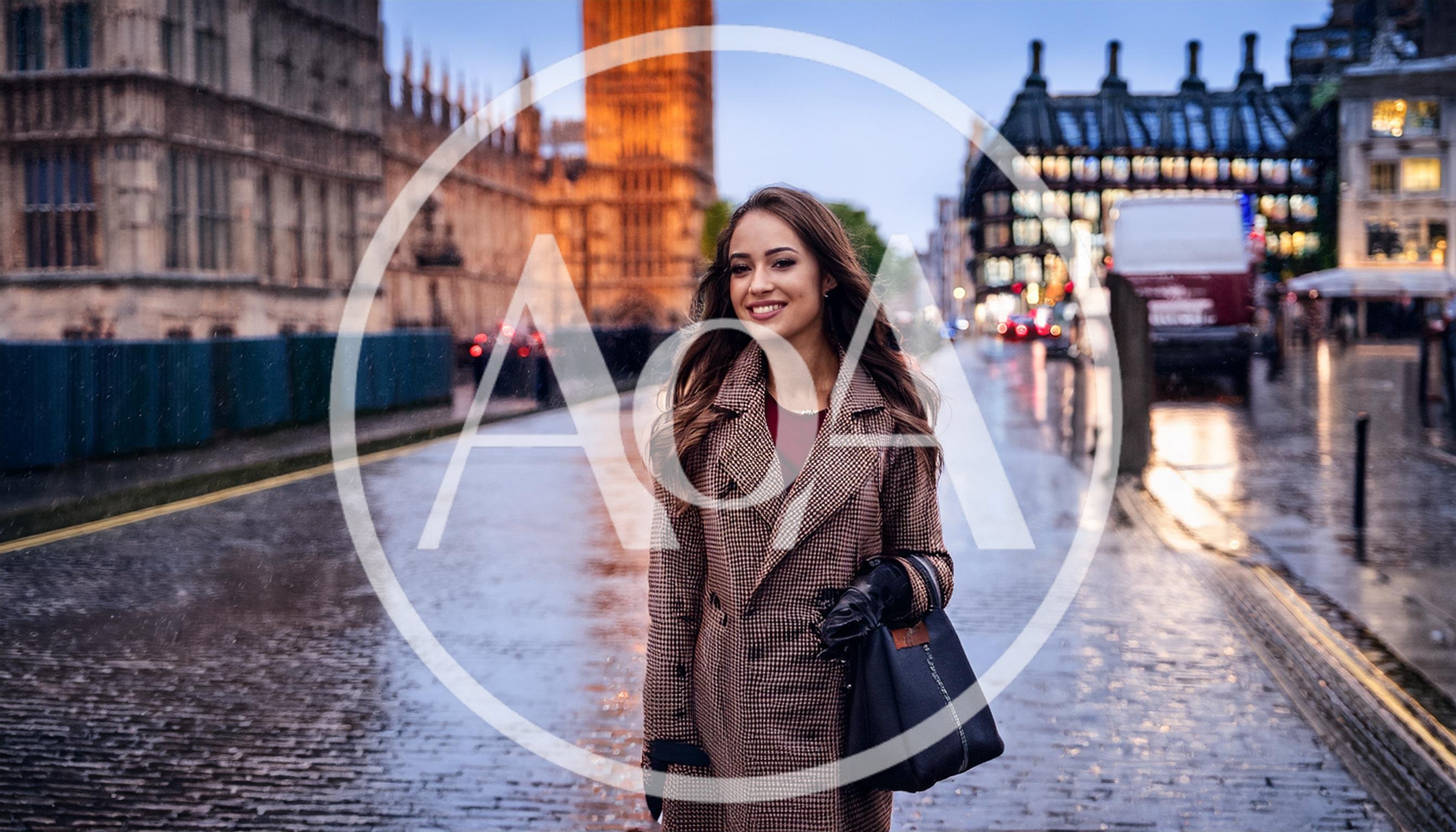Young Woman Walking Through London Streets At Twilight