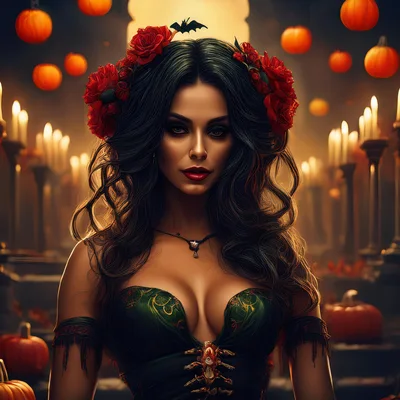 Gothic Woman With Red Roses And Halloween Pumpkins