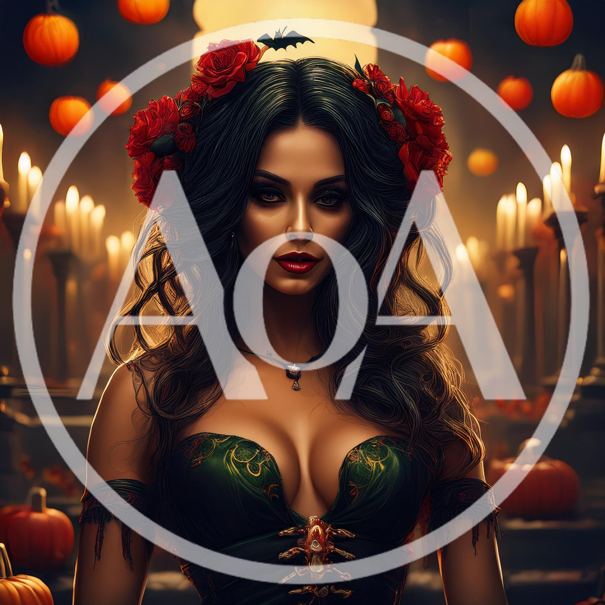 Gothic Woman With Red Roses And Halloween Pumpkins