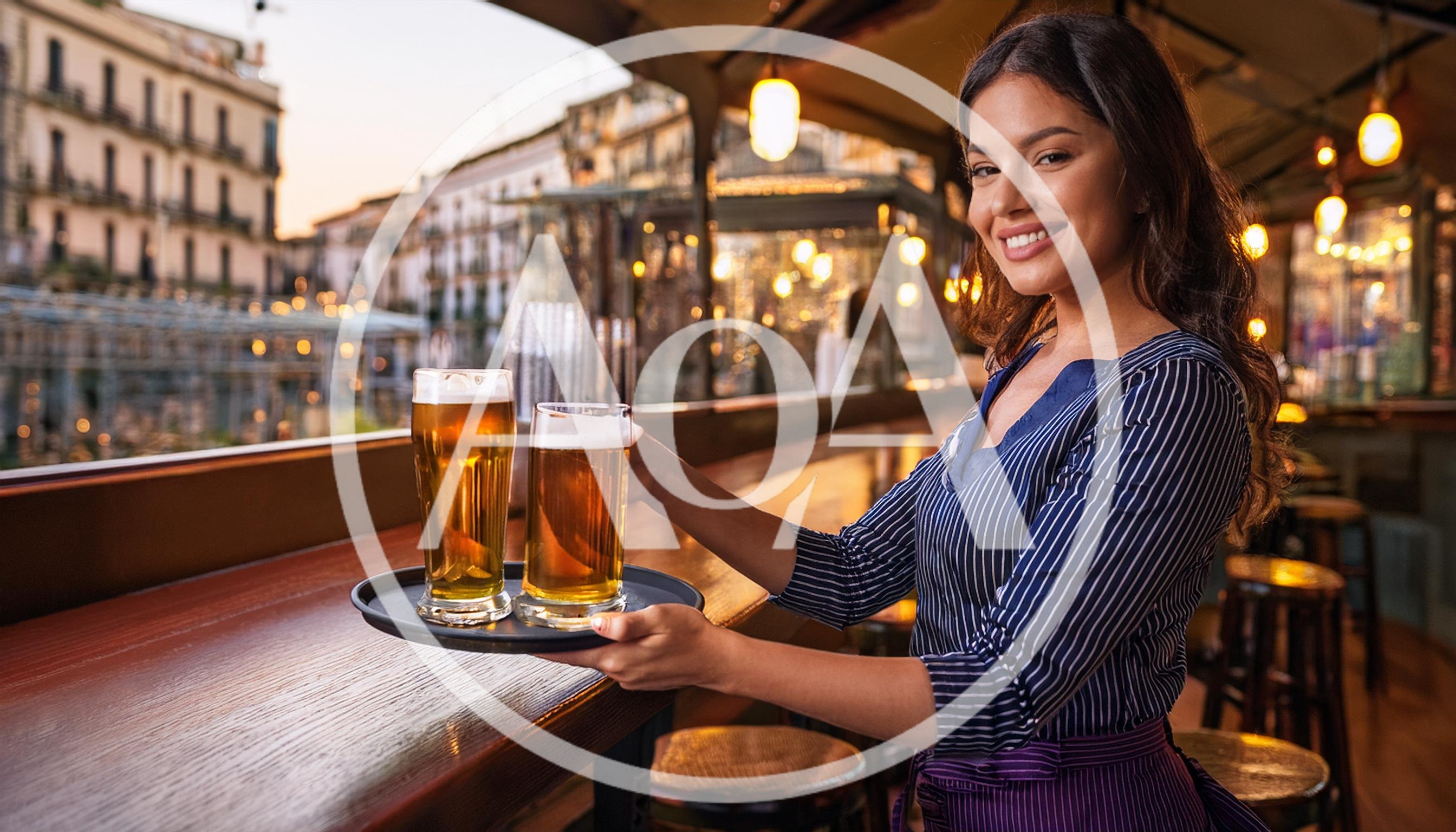Smiling Waitress Serving Beer Glasses On A Tray