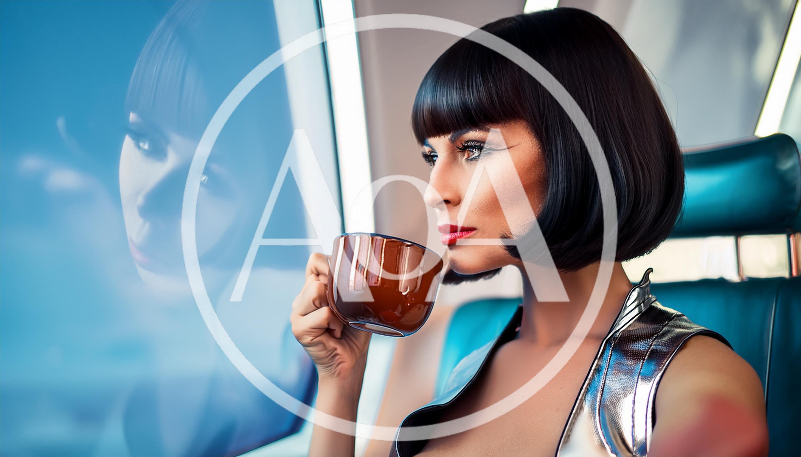 Futuristic Woman Drinking Coffee On A Train