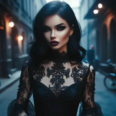 Gothic Woman In Black Lace Dress On City Street
