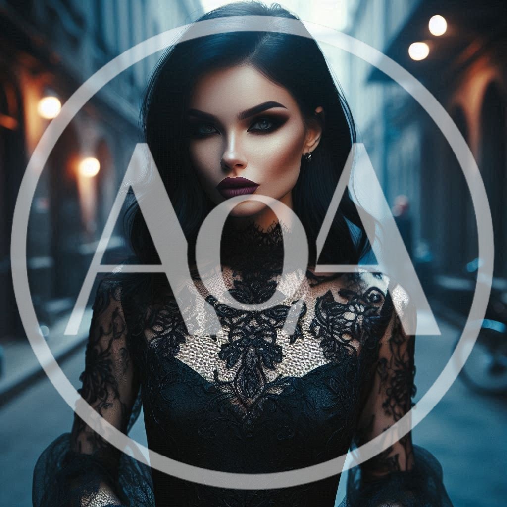Gothic Woman In Black Lace Dress On City Street